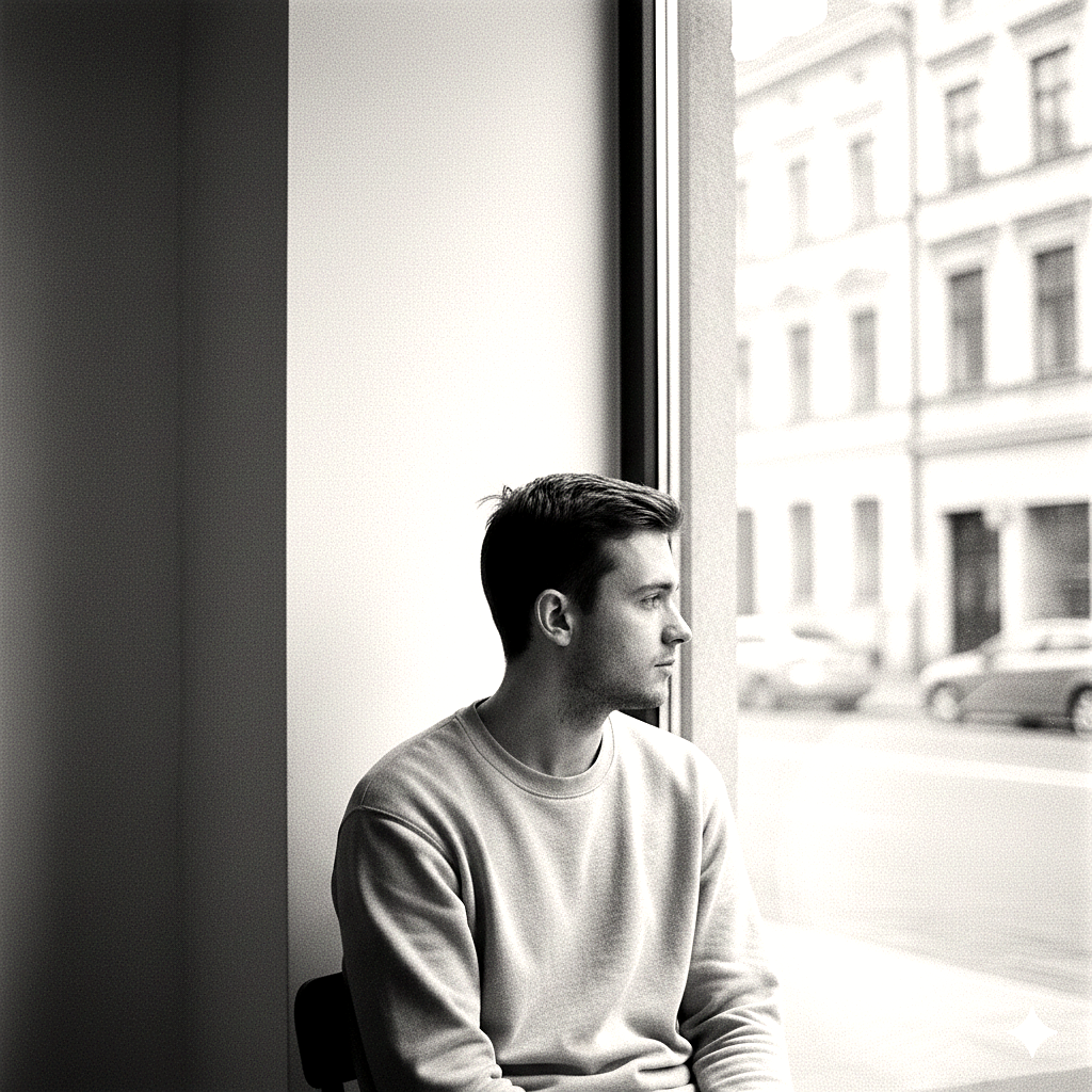 Young man looking contemplatively out a window