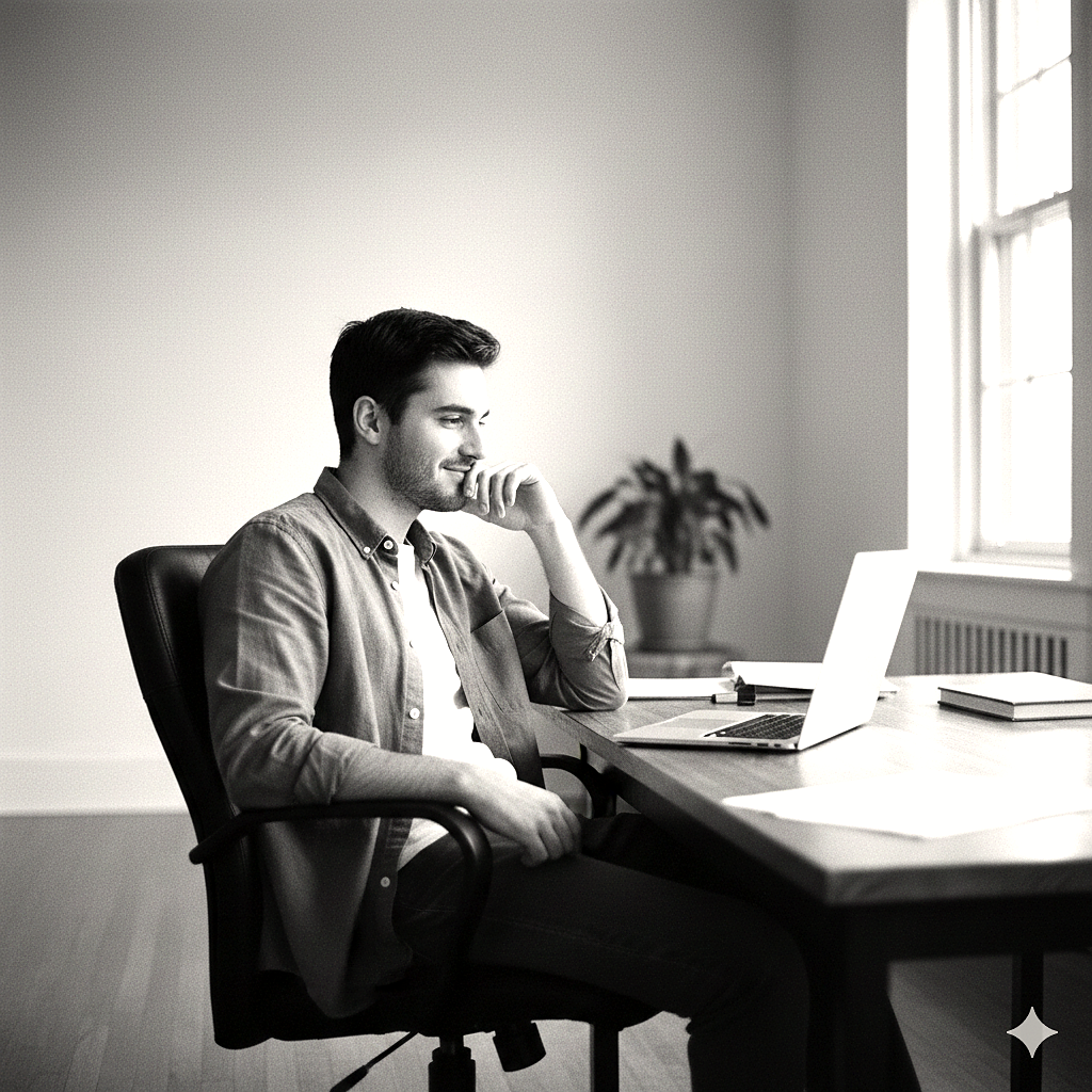 Young man at laptop with slight smile reviewing insights