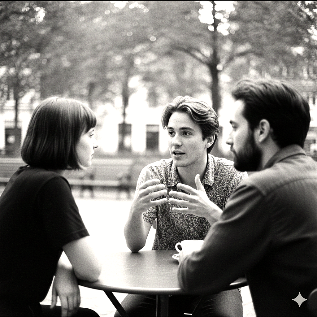 Three young adults having engaged conversation at outdoor café